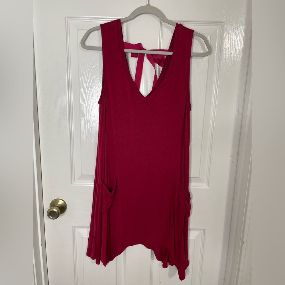 Dark Red Flowy V-Neck Dress with Tie Back and Pockets | Trixxie
